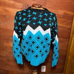 VINTAGE 80s Geometric Ski Sweater Size M Knit Pullover Fair Isle Blue Aspen Lid